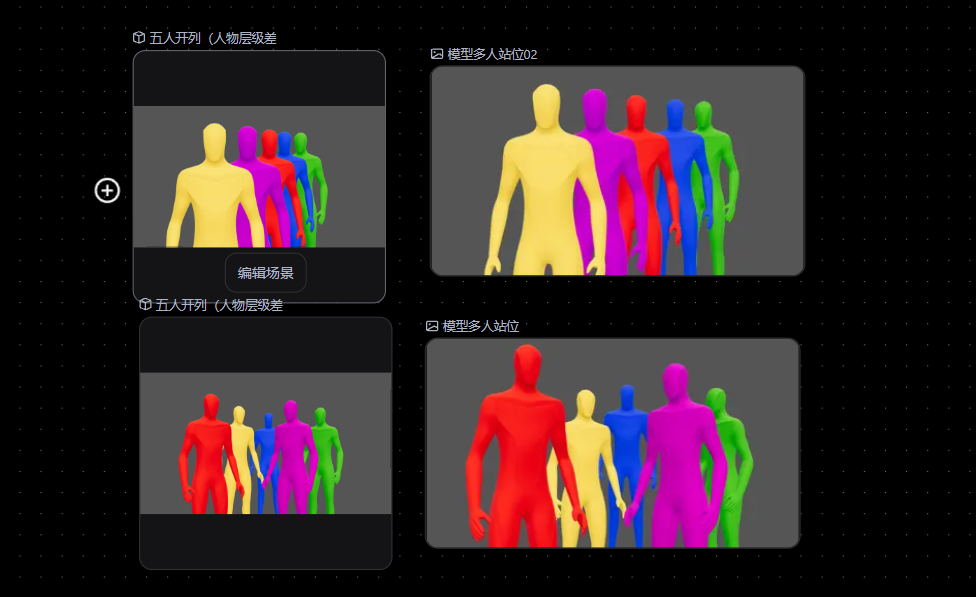 图片展示了Pixmax导演台(Beta)中的人物模型选择界面。画面分为上下两排,每排两个模型。上排左侧模型为“五人开列(人物同吸差)”,右侧模型是“模型多人站位02”;下排左侧模型是“五人开列(人物密吸差)”,右侧模型是“模型多人站位”。这些模型以不同颜色呈现,供用户选择用于导演台创作。该图片与文档中介绍导演台功能的上下文相关,直观呈现了导演台可选择的人物模型样式。